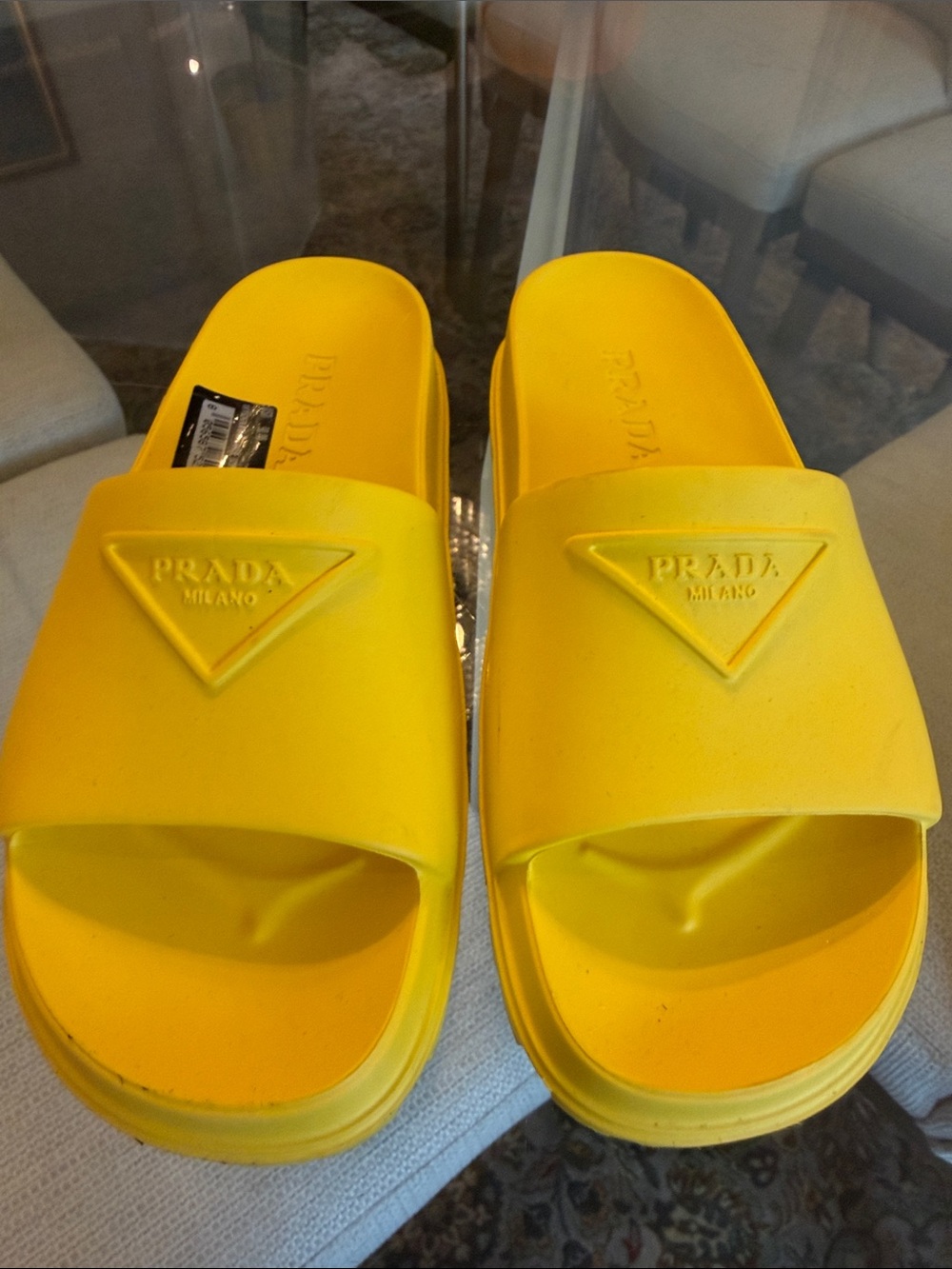 Prada Womens’s Bright Yellow Logo Slides